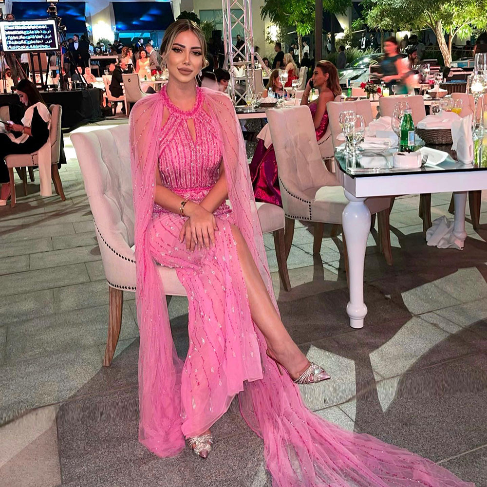 DreamyVow Luxury Dubai Mermaid Pink Evening Dresses with Cape Sleeves 2023 Arabic Women Wedding Guest Formal Party Gowns 361