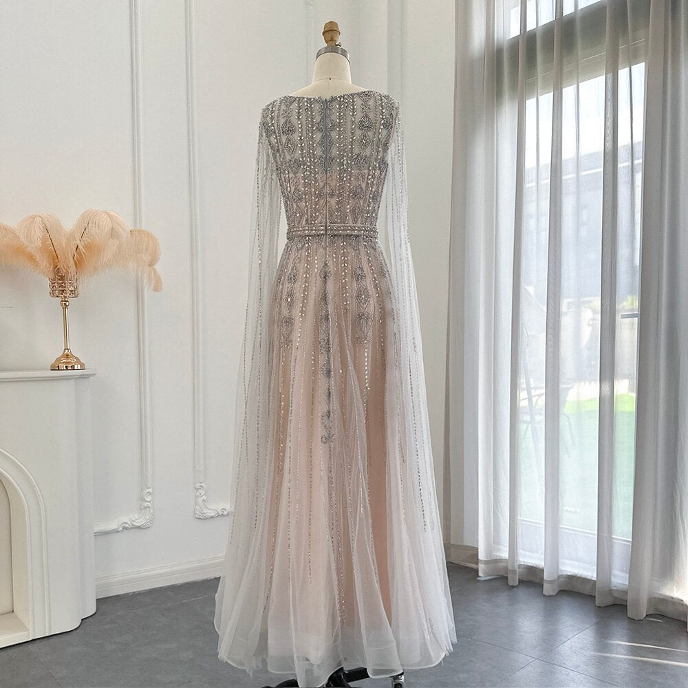 Dreamy Vow Elegant Silver Nude Arabic Evening Dress with Cape Sleeve Luxury Crystal Dubai Prom Formal Dresses for Women Wedding Party 069
