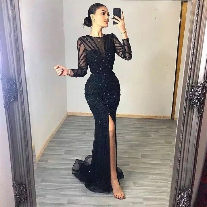 DreamyVow Luxury Black Mermaid Long Sleeve Arabic Evening Dress for Women Party Formal Dresses Front Split Dubai Graduation Prom Dress