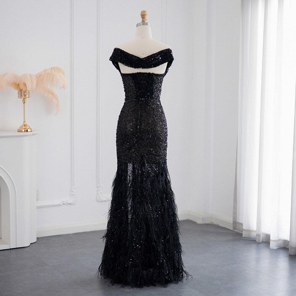 Dreamy Vow Luxury Dubai Black Mermaid Feathers Prom Dresses Sexy Off Shoulder High Slit Evening Party Gowns for Women Wedding Guest 404