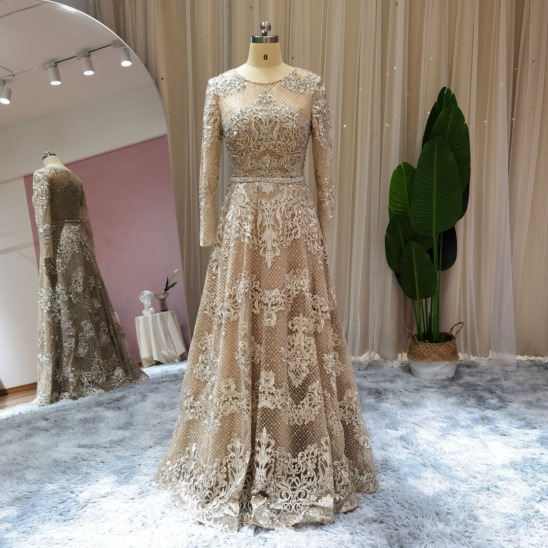 Dreamy Vow Luxury Dubai Champagne Lace Muslim Evening Dress Long Sleeve Plus Size Women Arabic Formal Party Dresses for Wedding Guest 193
