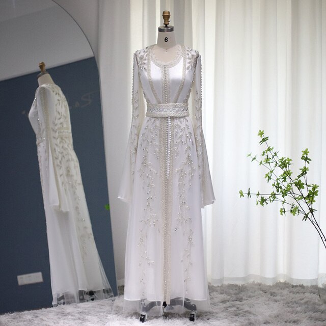 Dreamy Vow Luxury Dubai Moroccan Kaftan Ivory Evening Dresses for Women Wedding Party Elegant Long Sleeve Muslim Arabic Formal Dress 439