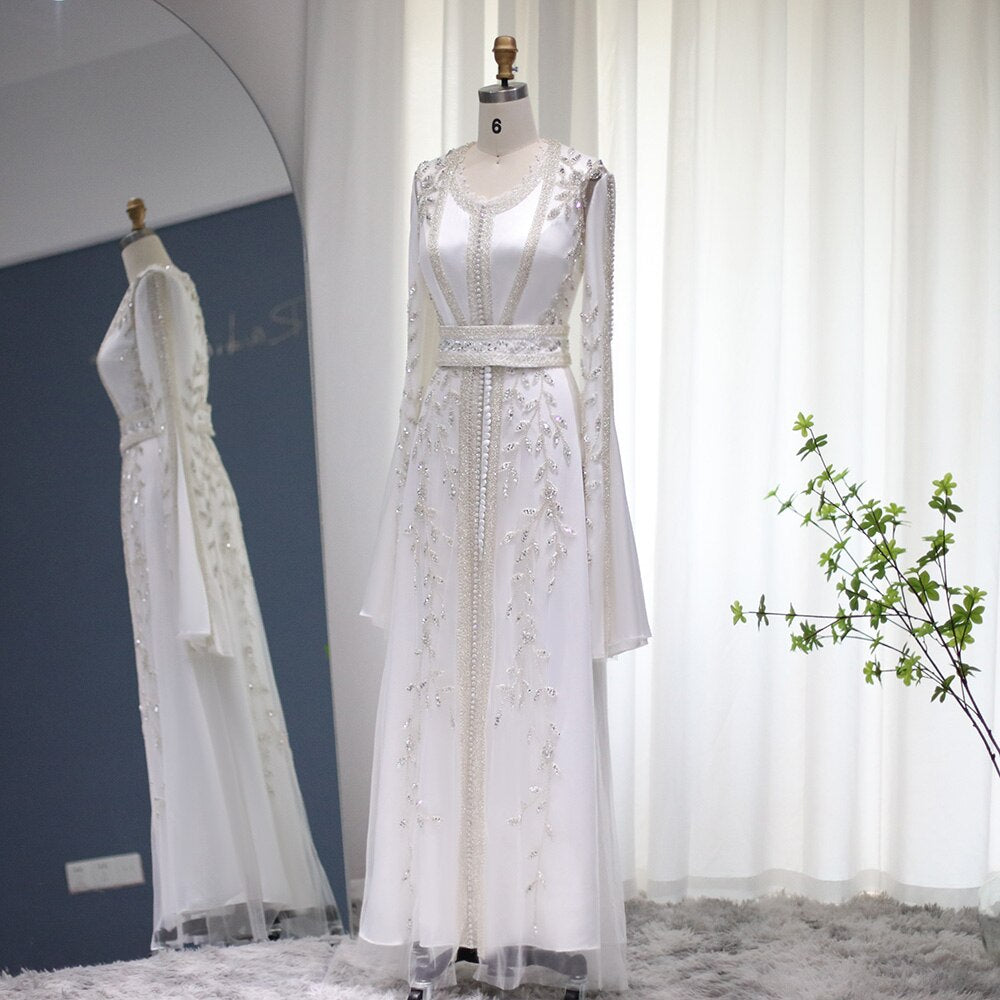 Dreamy Vow Luxury Dubai Moroccan Kaftan Ivory Evening Dresses for Women Wedding Party Elegant Long Sleeve Muslim Arabic Formal Dress 439
