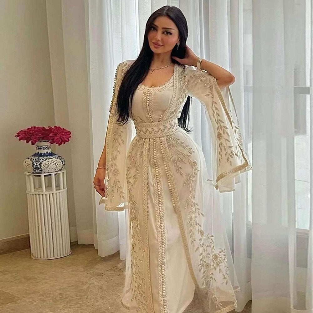 Dreamy Vow Luxury Kaftan Arabic Moroccan Dubai Abaya Evening Dresses Muslim Long Sleeve Women Wedding Party Gowns Ivory Formal Party Dress