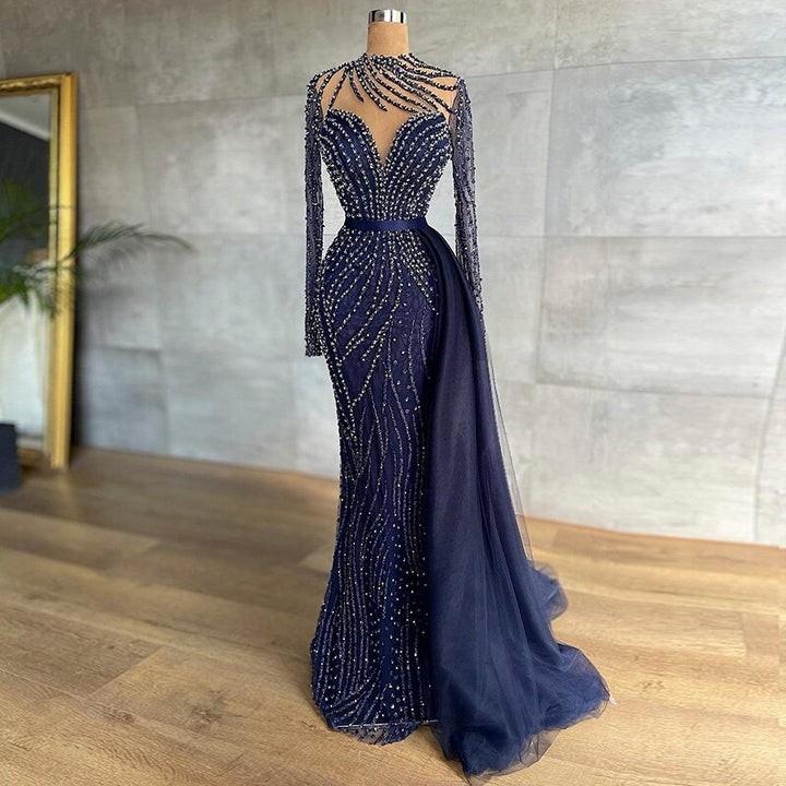 Dreamy Vow Luxury Navy Blue Mermaid Dubai Evening Dress with Detachable Skirt Long Sleeve Arabic Formal Gowns for Women Wedding Party 526