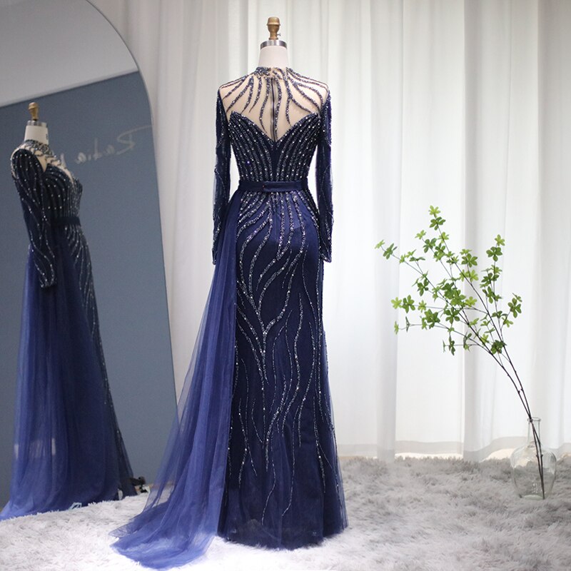 Dreamy Vow Luxury Navy Blue Mermaid Dubai Evening Dress with Detachable Skirt Long Sleeve Arabic Formal Gowns for Women Wedding Party 526