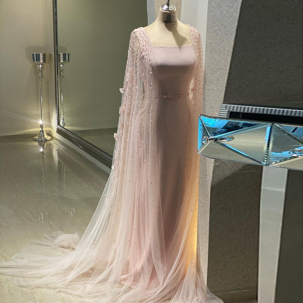 Dreamy Vow Luxury Pink 3D Flowers Mermaid Dubai Evening Dress with Cape Sleeve Crystal Arabic Elegant Women Formal Gowns for Wedding Party 493