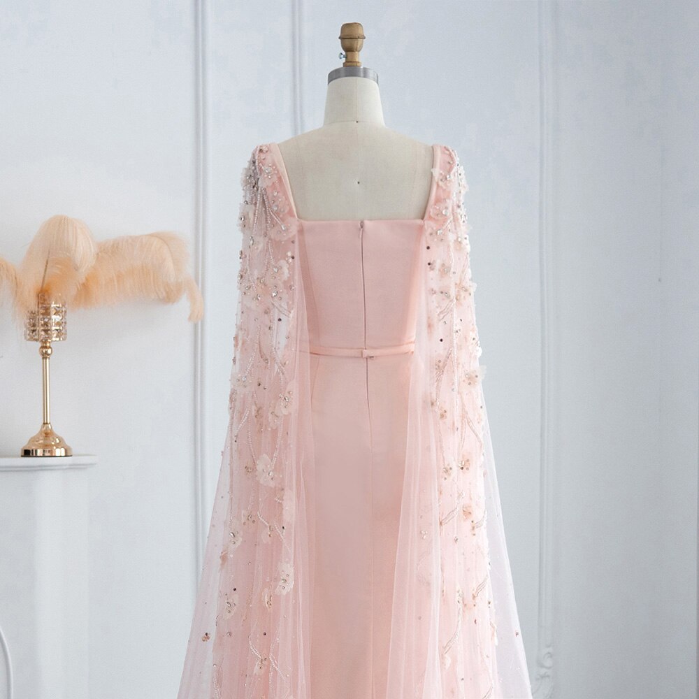 Dreamy Vow Luxury Pink 3D Flowers Mermaid Dubai Evening Dress with Cape Sleeve Crystal Arabic Elegant Women Formal Gowns for Wedding Party 493