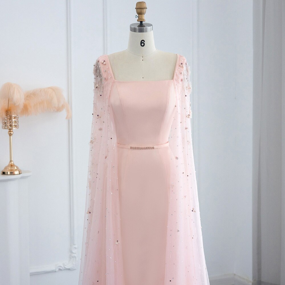 Dreamy Vow Luxury Pink 3D Flowers Mermaid Dubai Evening Dress with Cape Sleeve Crystal Arabic Elegant Women Formal Gowns for Wedding Party 493