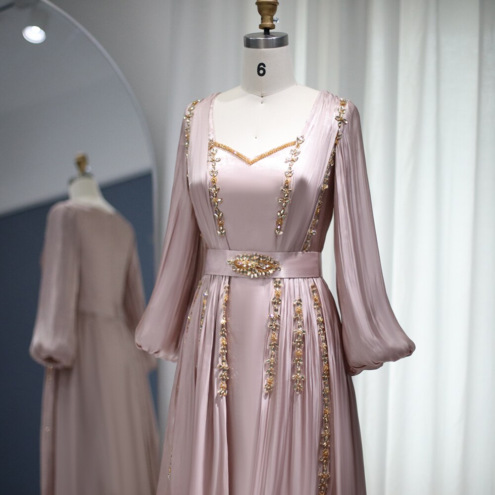 Dreamy Vow Rose Gold Moroccan Kaftan Long Sleeve Dubai Muslim Evening Dress for Women Wedding Party Arabic Engagement Formal Gowns 441