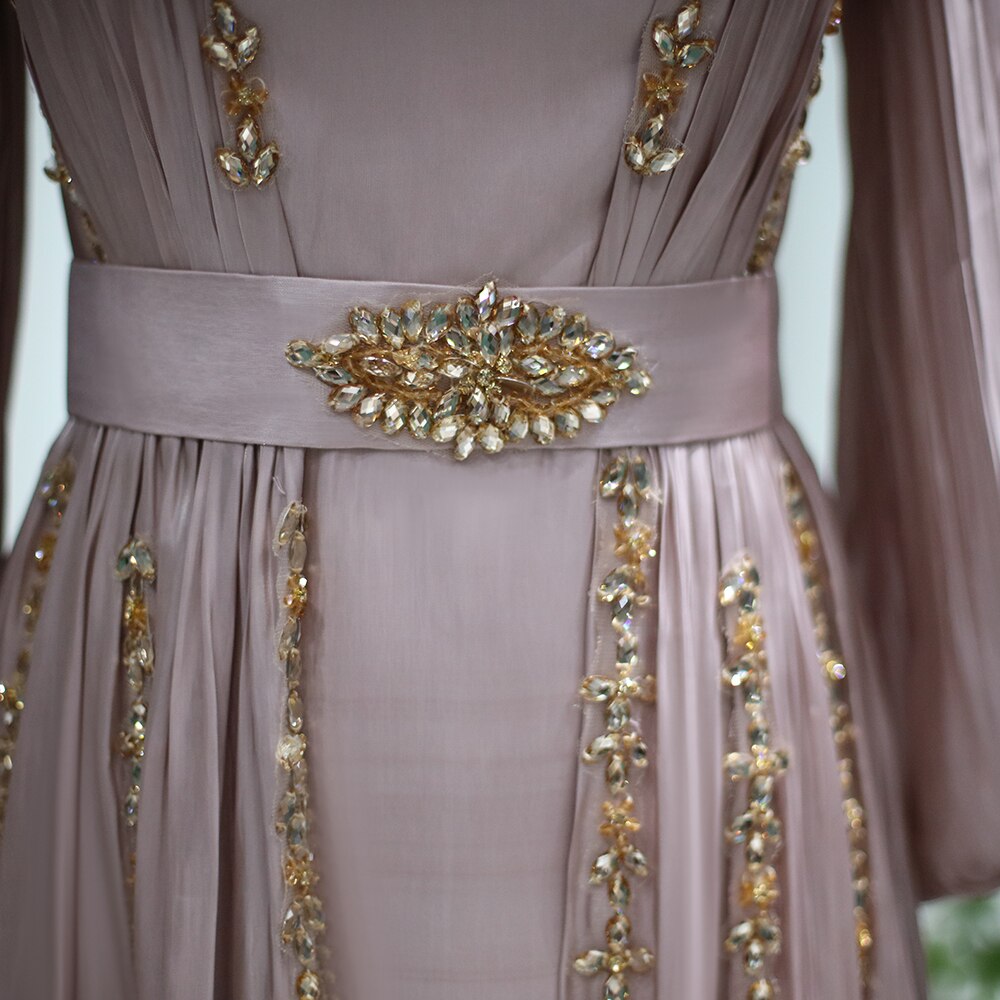 Dreamy Vow Rose Gold Moroccan Kaftan Long Sleeve Dubai Muslim Evening Dress for Women Wedding Party Arabic Engagement Formal Gowns 441