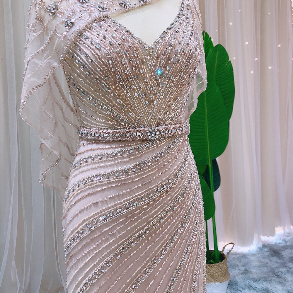 Dreamy Vow Arabic Champagne Dubai Mermaid Evening Dress with Cape Luxury Bead Formal Prom Dresses for Women Wedding Party 122