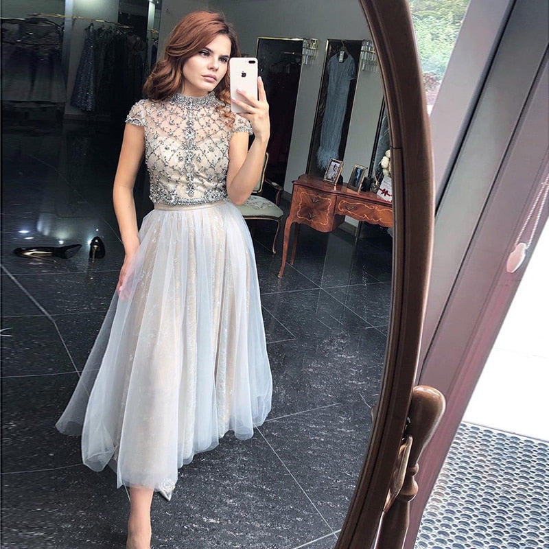 Dreamy Vow Arabic Gray Lace Short Evening Dresses Luxury Dubai Vintage Tea Length Formal Dress for Women Wedding Party 253