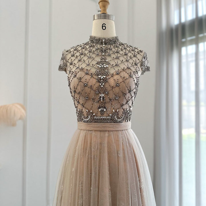 Dreamy Vow Arabic Gray Lace Short Evening Dresses Luxury Dubai Vintage Tea Length Formal Dress for Women Wedding Party 253