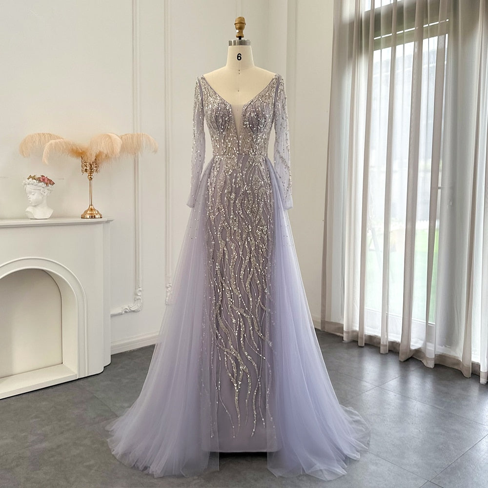 Dreamy Vow Arabic Lilac Mermaid Overskirt Evening Dresses 2023 Luxury Dubai Long Sleeves Women Wedding Guest Party Gowns 234