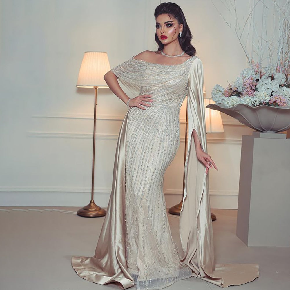 Dreamy Vow Arabic One Shoulder Mermaid Champagne Evening Dress Luxury Dubai Beaded Cape Sleeve Wedding Formal Party Gowns 316