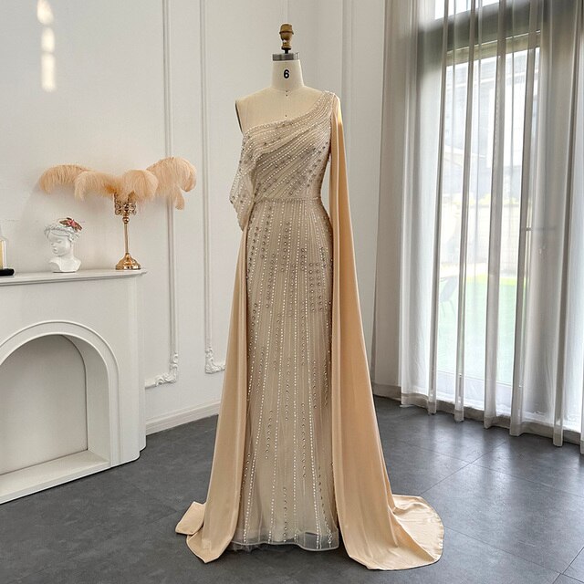 Dreamy Vow Arabic One Shoulder Mermaid Champagne Evening Dress Luxury Dubai Beaded Cape Sleeve Wedding Formal Party Gowns 316