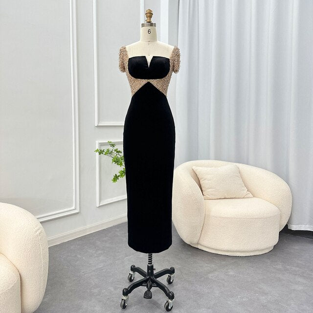 Dreamy Vow Black Midi Straight Evening Dresses 2023 Luxury Dubai Crystal Ankle Length Arabic Women Wedding Party Gowns 282