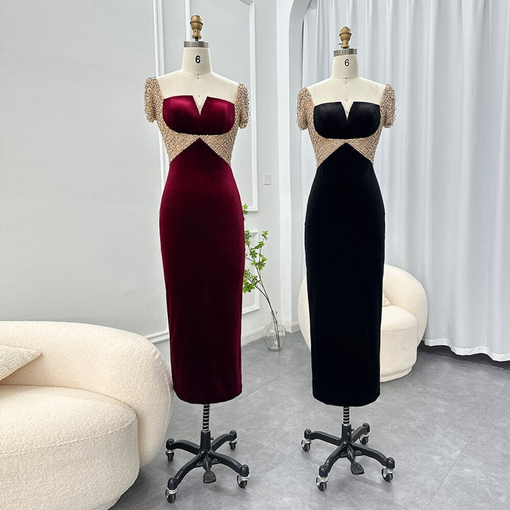 Dreamy Vow Black Midi Straight Evening Dresses 2023 Luxury Dubai Crystal Ankle Length Arabic Women Wedding Party Gowns 282