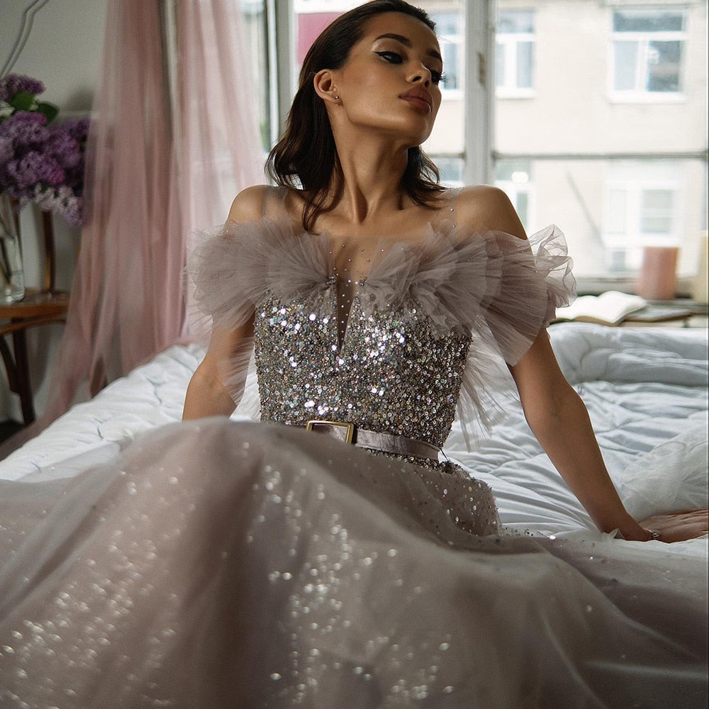 Dreamy Vow Bling Pink Luxury Dubai Evening Dresses with Belt Elegant Off Shoulder Blue Arabic Women Wedding Party Gowns 375