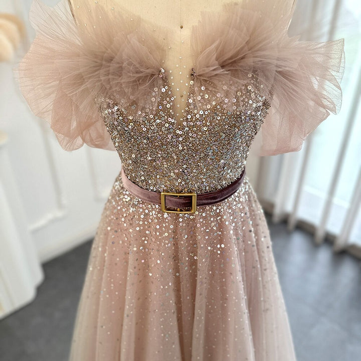 Dreamy Vow Bling Pink Luxury Dubai Evening Dresses with Belt Elegant Off Shoulder Blue Arabic Women Wedding Party Gowns 375