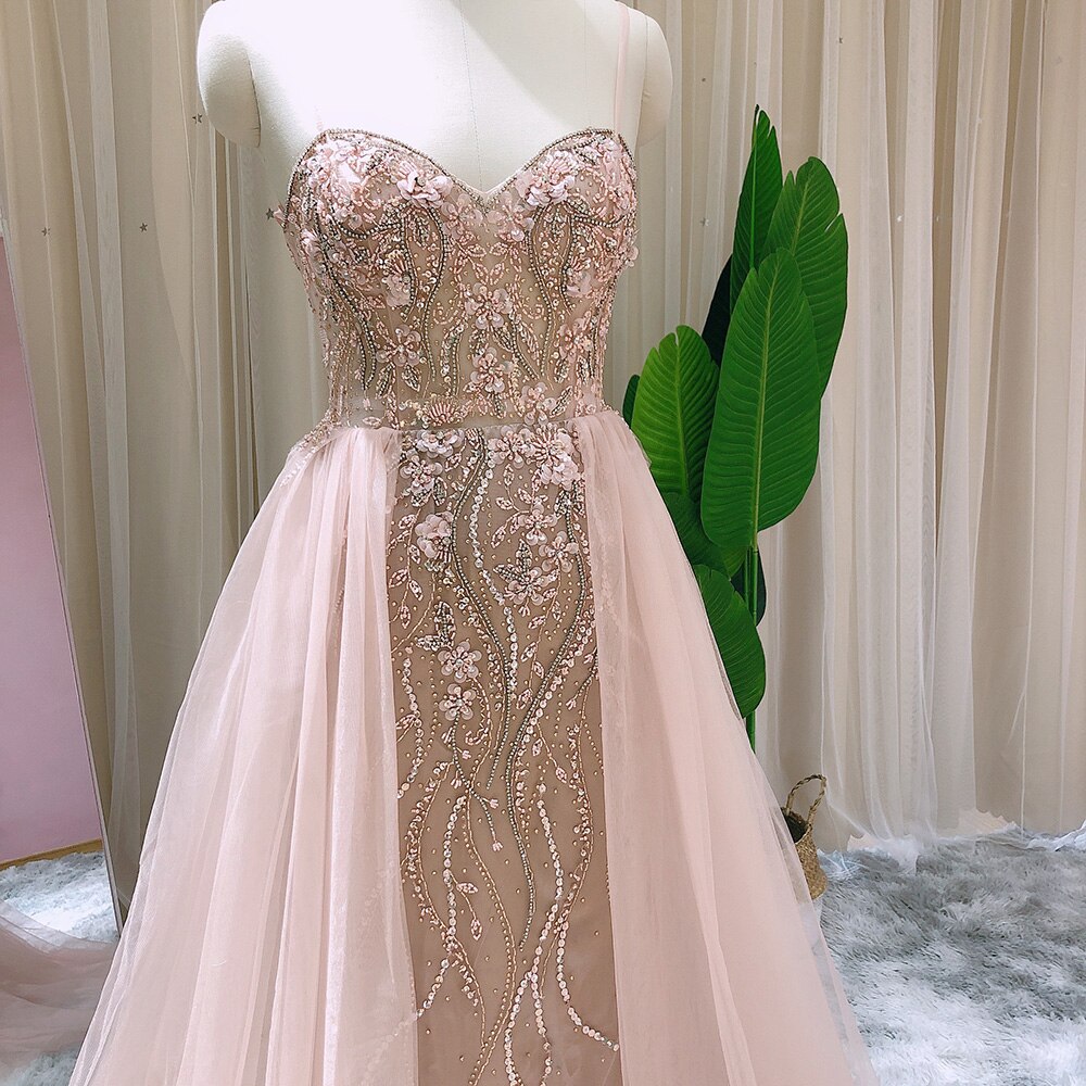 Dreamy Vow Blush Pink Dubai Evening Dresses with Overskirt Spaghetti Straps Sexy Long Luxury Wedding Party Prom Dress 266