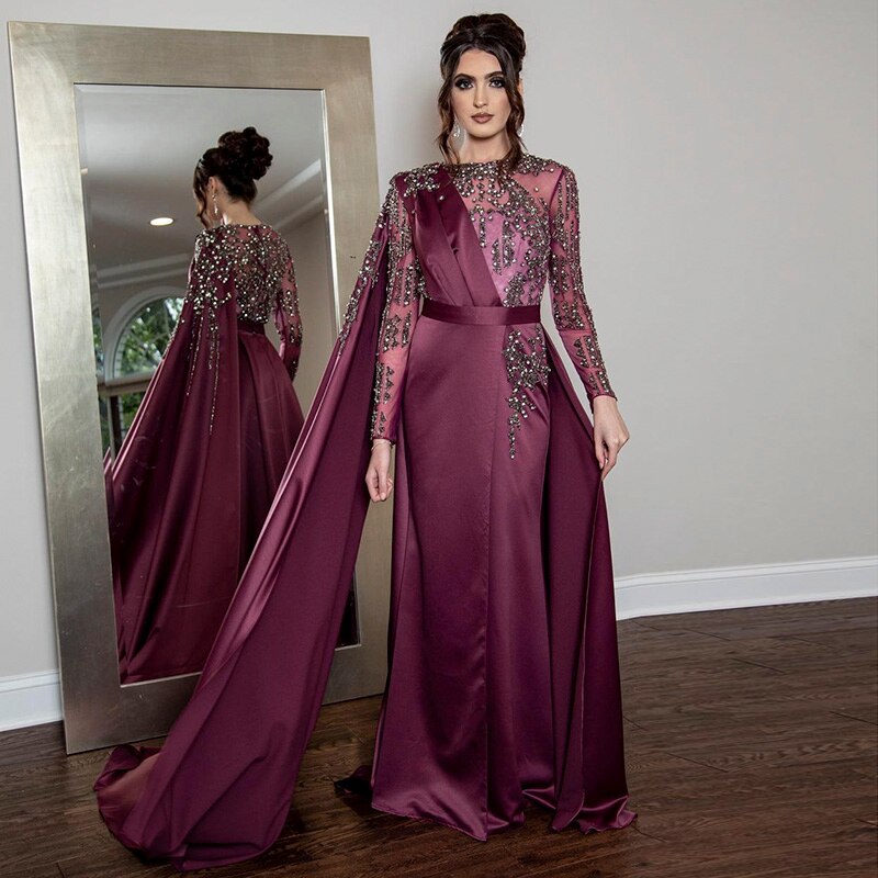 Dreamy Vow Burgundy Long Arabic Evening Dresses with Cape Sleeve Luxury Dubai Muslim Formal Dress for Women Wedding Party 276