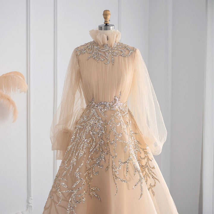 Dreamy Vow Champagne Long Sleeve Muslim Evening Dresses Luxury Dubai Midi Short Arabic Formal Gowns for Wedding Party 496