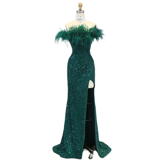 Dreamy Vow Champagne Mermaid Feathers Evening Dress Women 2023 Luxury Dubai High Slit Arabic Wedding Party Prom Dresses 346