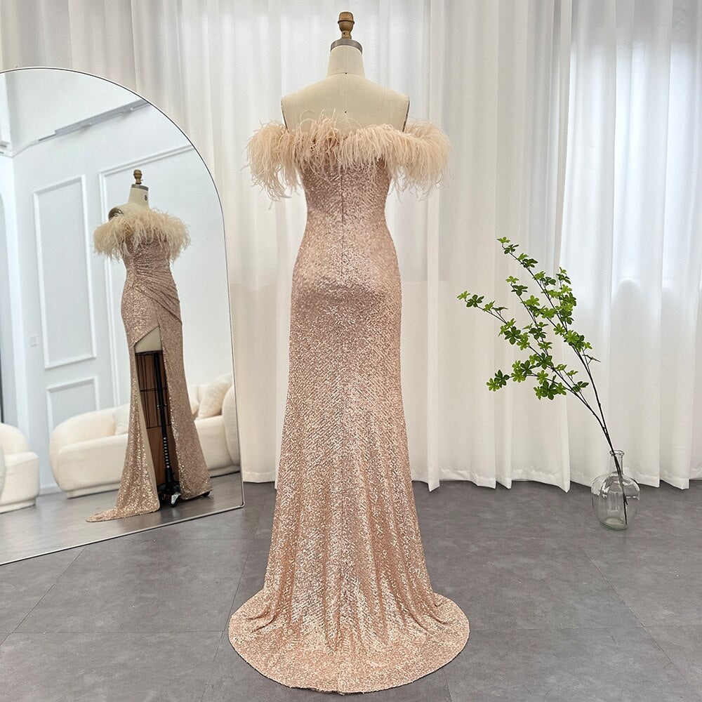Dreamy Vow Champagne Mermaid Feathers Evening Dress Women 2023 Luxury Dubai High Slit Arabic Wedding Party Prom Dresses 346