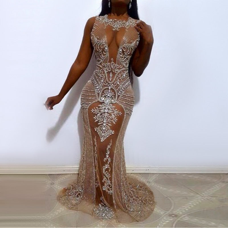 Dreamy Vow Champagne Mermaid Prom Dresses for Black Girls Long Graduation Party Dress Luxury Dubai Evening Formal Gowns 255