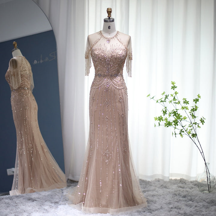 Dreamy Vow Champagne Tassel Mermaid Evening Dresses 2023 Luxury Dubai Long Formal Prom Dress for Women Wedding Party Gown 136