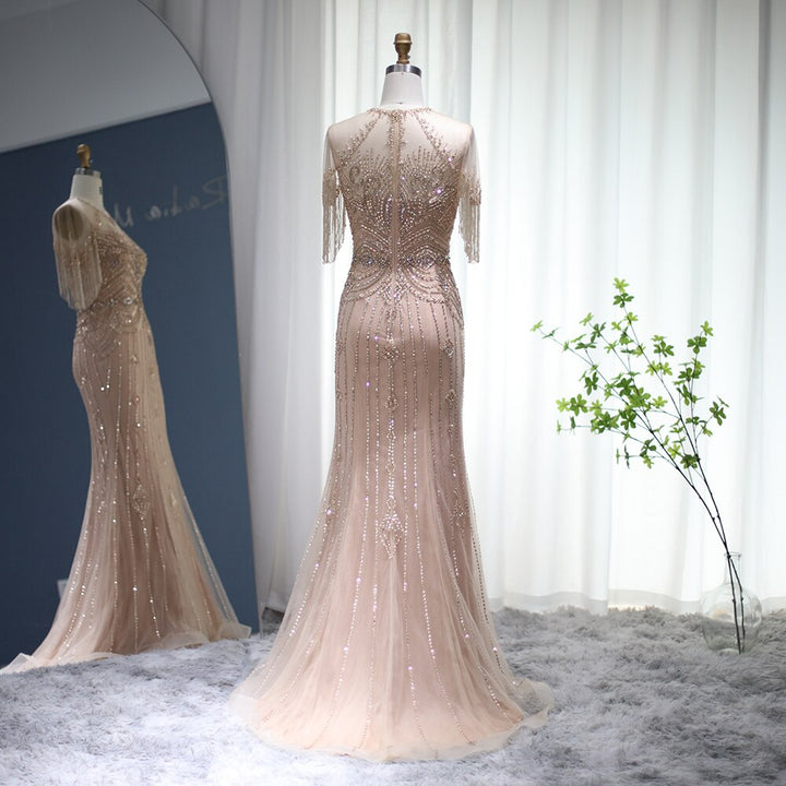 Dreamy Vow Champagne Tassel Mermaid Evening Dresses 2023 Luxury Dubai Long Formal Prom Dress for Women Wedding Party Gown 136