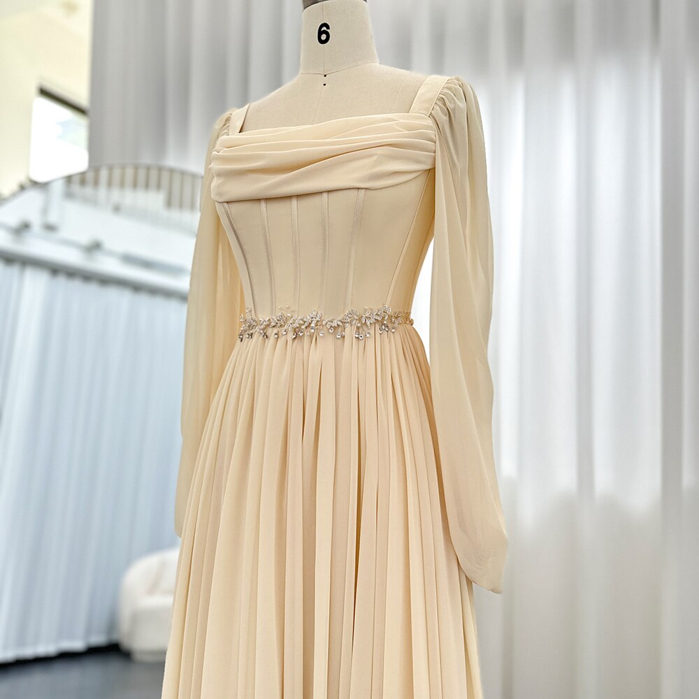 Dreamy Vow Dubai Beige Short Midi Arabic Evening Dress with Belt Long Sleeves Tea Length Women Formal Wedding Party Gowns 393