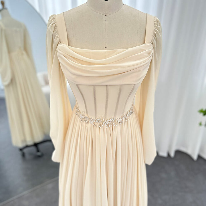 Dreamy Vow Dubai Beige Short Midi Arabic Evening Dress with Belt Long Sleeves Tea Length Women Formal Wedding Party Gowns 393