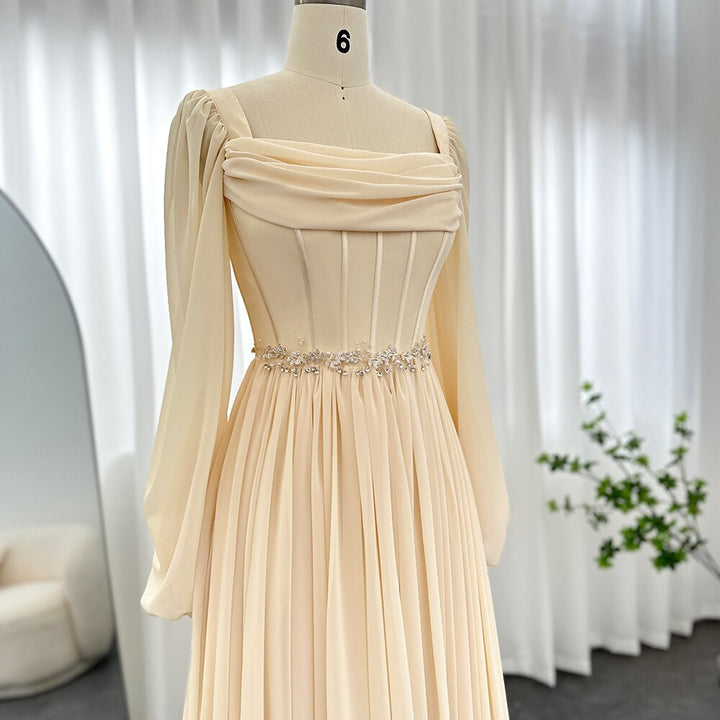 Dreamy Vow Dubai Beige Short Midi Arabic Evening Dress with Belt Long Sleeves Tea Length Women Formal Wedding Party Gowns 393