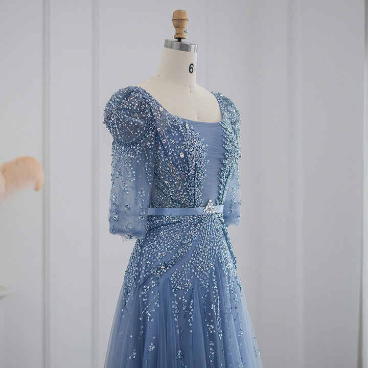 DreamyVow Elegant Blue Midi Evening Dress 2023 Luxury Dubai Muslim Ankle Length Arabic Short Wedding Formal Party Gowns 240
