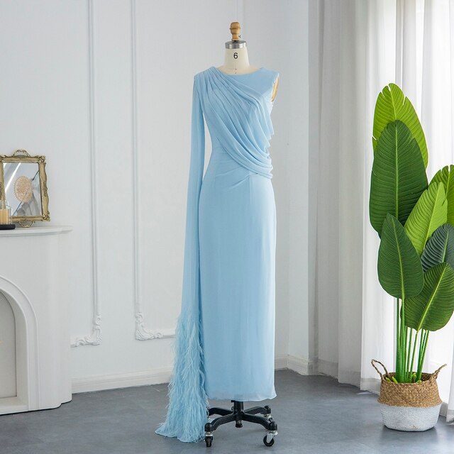 Dreamy Vow Elegant Light Blue Arabic Evening Dresses with Feathers Cape Luxury Dubai Formal Party Dress for Women Wedding 312