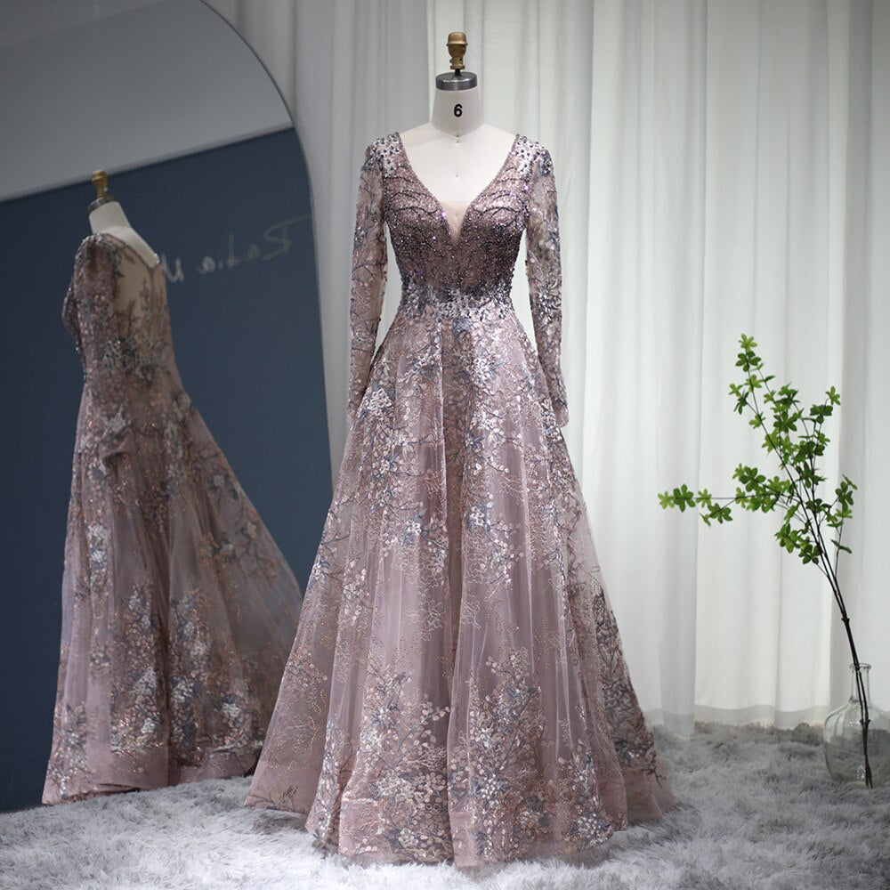 Dreamy Vow Elegant Long Sleeve Arabic Evening Dresses Luxury Dubai Plus Size Formal Party Dress for Women Wedding Guest 041