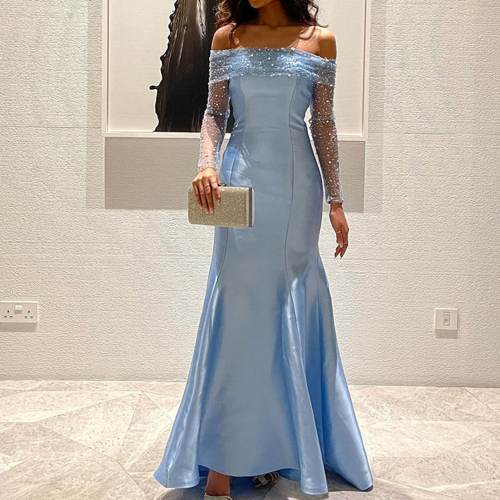 Dreamy Vow Elegant Off Shoulder Blue Arabic Evening Dress for Women Wedding Party Long Sleeves Dubai Formal Prom Gowns 079