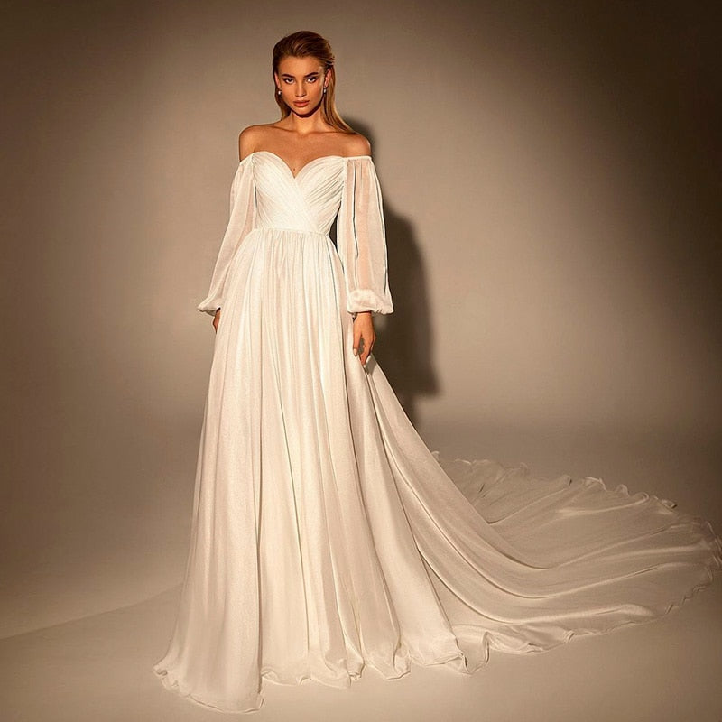 Dreamy Vow Elegant Off Shoulder White Chiffon Evening Dress for Women Wedding Dubai Blush Pink Arabic Formal Party Gowns 251