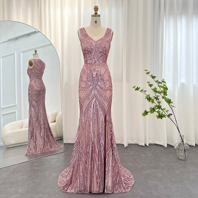 Dreamy Vow Elegant Pink Sequined Mermaid Evening Dresses for Women Wedding Party Sexy V-Neck Long Graduation Prom Dress 031