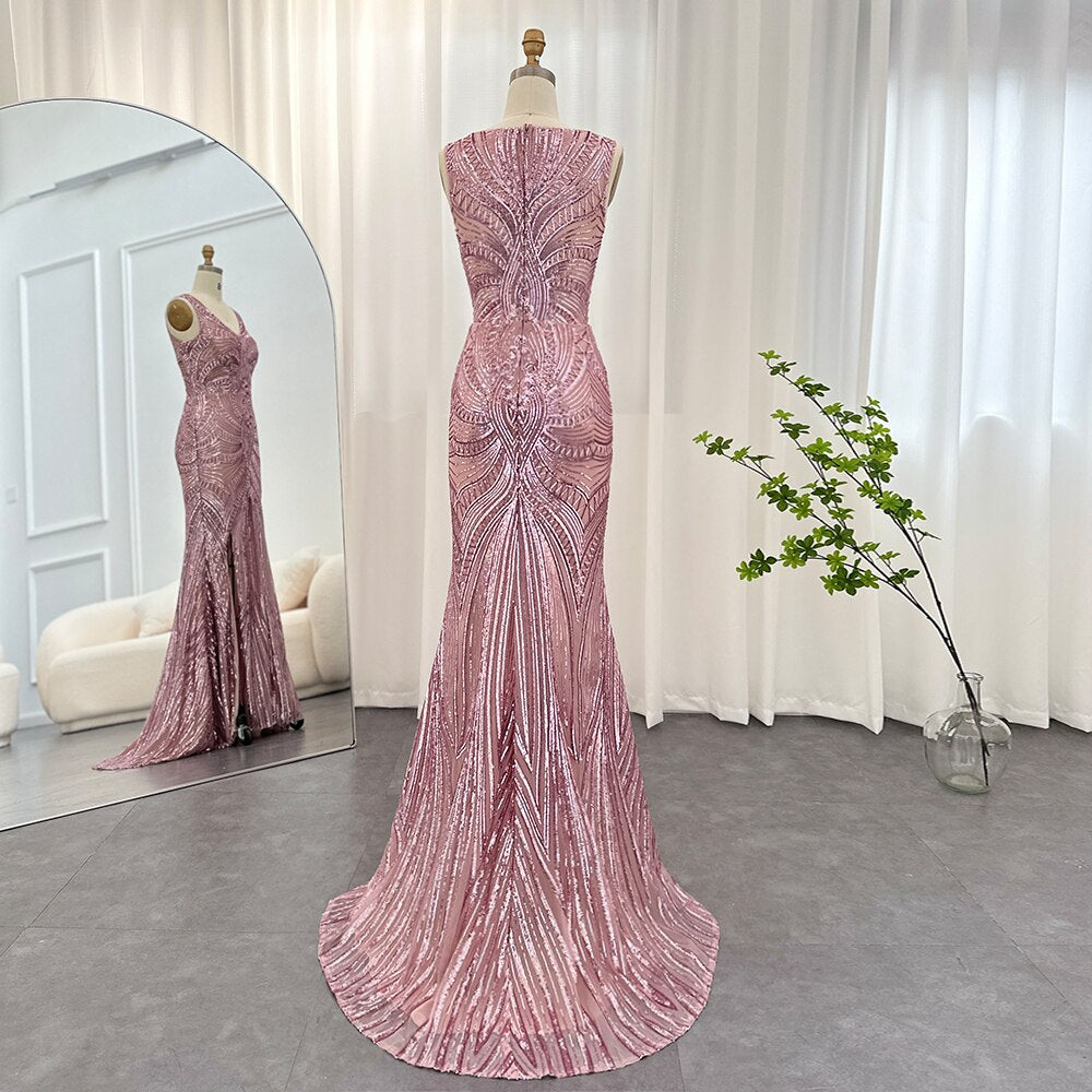 Dreamy Vow Elegant Pink Sequined Mermaid Evening Dresses for Women Wedding Party Sexy V-Neck Long Graduation Prom Dress 031