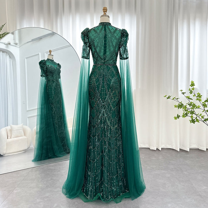 Dreamy Vow Emerald Green Luxury Dubai Evening Dresses with Cape Sleeves Arabic Muslim Women Wedding Party Gowns Plus Size 154