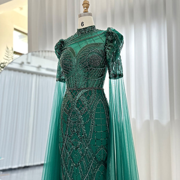 Dreamy Vow Emerald Green Luxury Dubai Evening Dresses with Cape Sleeves Arabic Muslim Women Wedding Party Gowns Plus Size 154