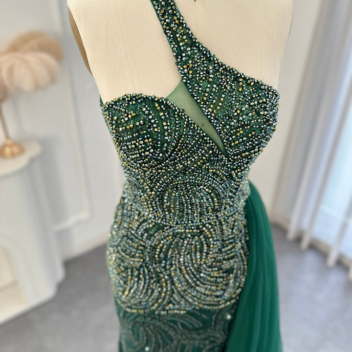 Dreamy Vow Emerald Green One Shoulder Evening Dresses with OVerskirt Side Slit Luxury Champagne Mermaid Prom Formal Gowns 102