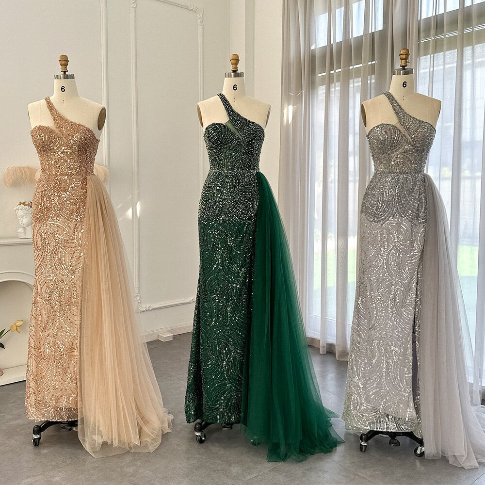 Dreamy Vow Emerald Green One Shoulder Evening Dresses with OVerskirt Side Slit Luxury Champagne Mermaid Prom Formal Gowns 102