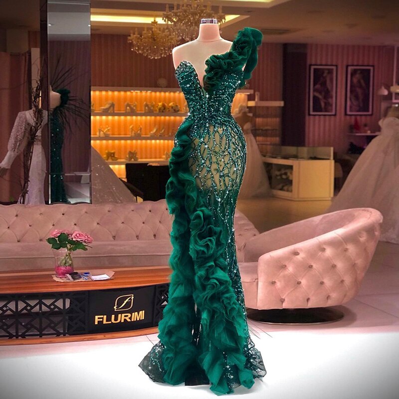 DreamyVow Emerald Green One Shoulder Mermaid Evening Dress for Women Wedding Party Elegant Beaded Long Prom Formal Gowns 484