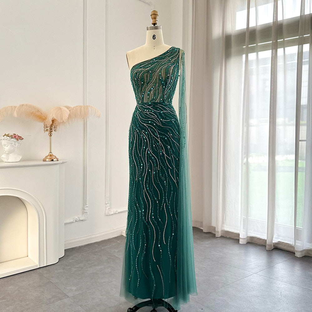 Dreamy Vow Emerald Green One Shoulder Mermaid Evening Dress with Cape Luxury Dubai Pink Long Party Dresses for Wedding 219
