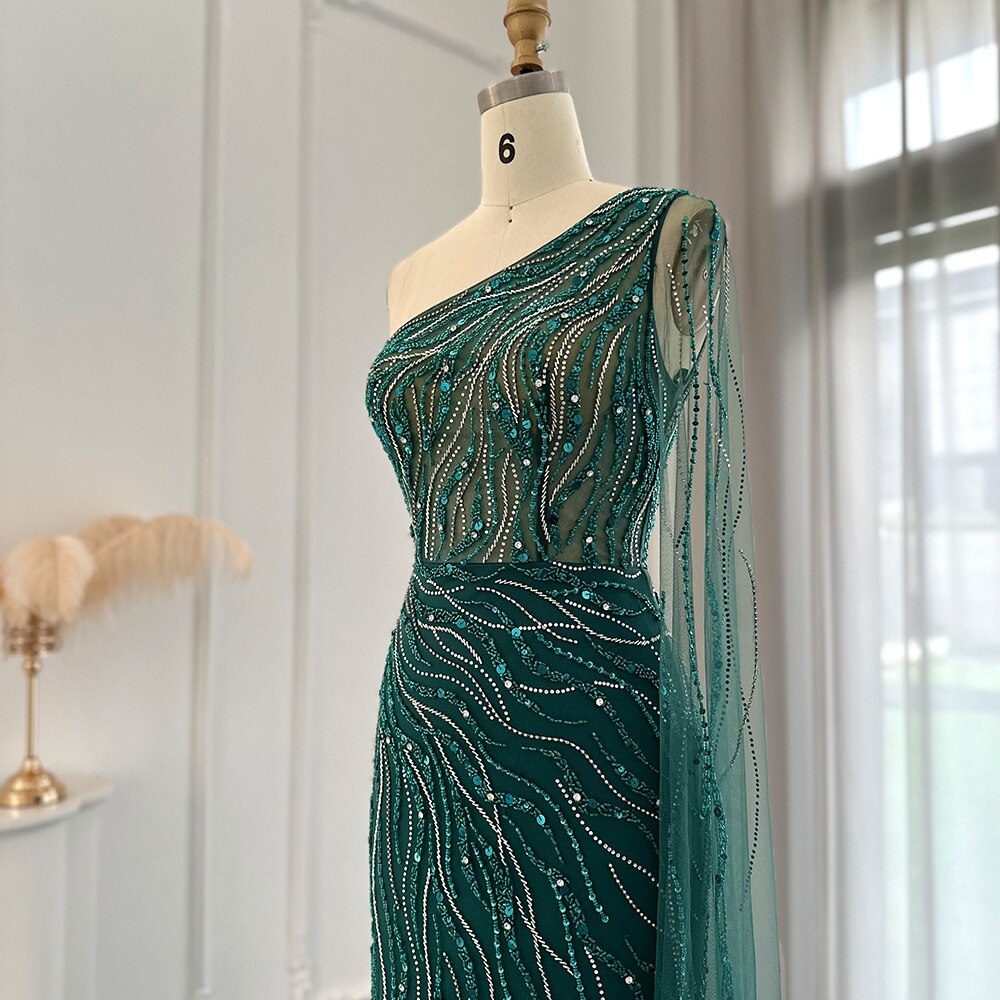 Dreamy Vow Emerald Green One Shoulder Mermaid Evening Dress with Cape Luxury Dubai Pink Long Party Dresses for Wedding 219
